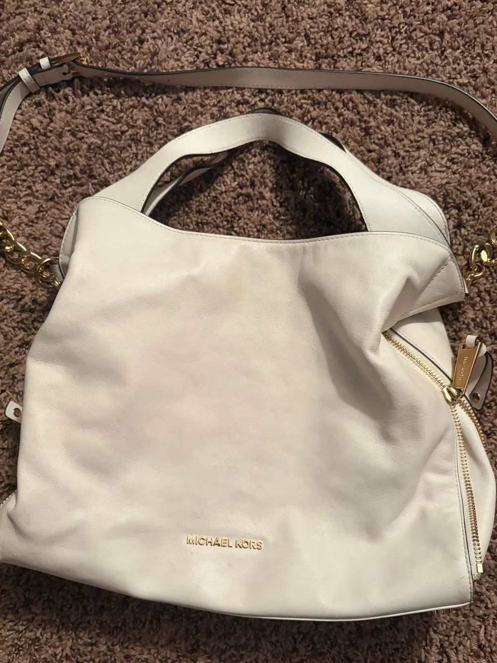 Michael Kors Cream Leather Shoulder Hobo with Gold Accents